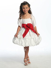 Spaghetti Straps Flower Girl Dress Knee- length Custom Made Dress With Red Sash Communion Dress