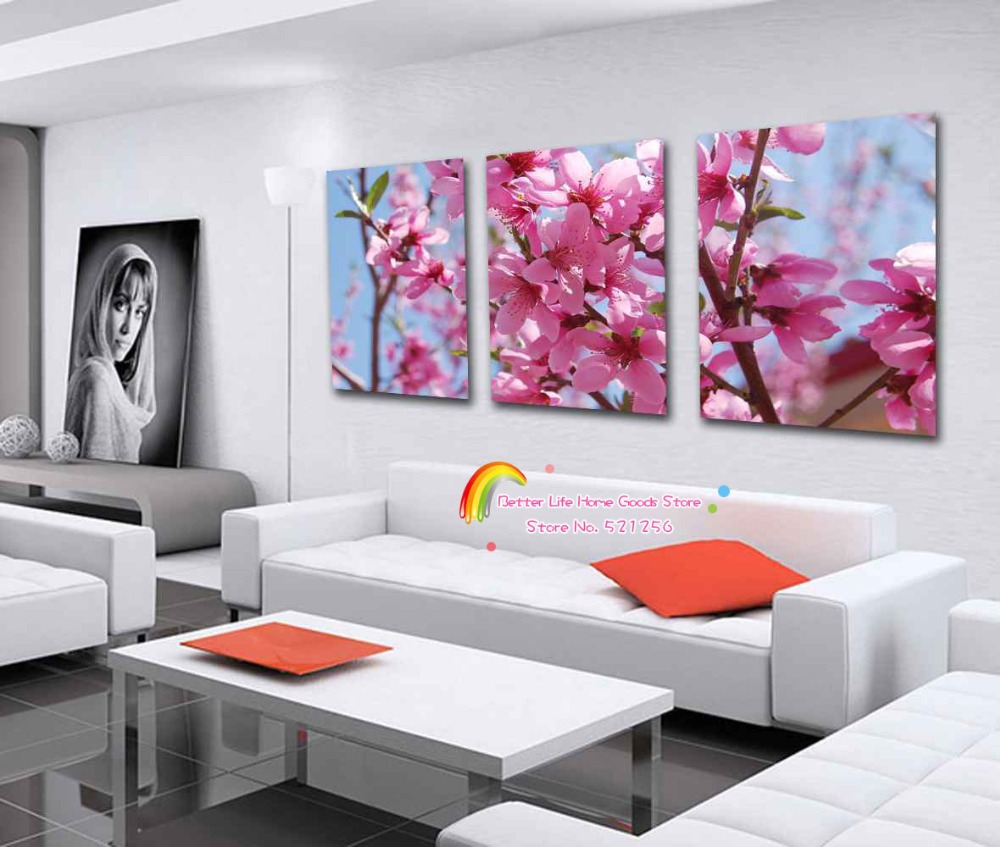Modern Wall Art Home Decoration Printed Oil Painting Pictures No Frame 3 Panel Smell of Spring Pink Peach Blossom Canvas Prints