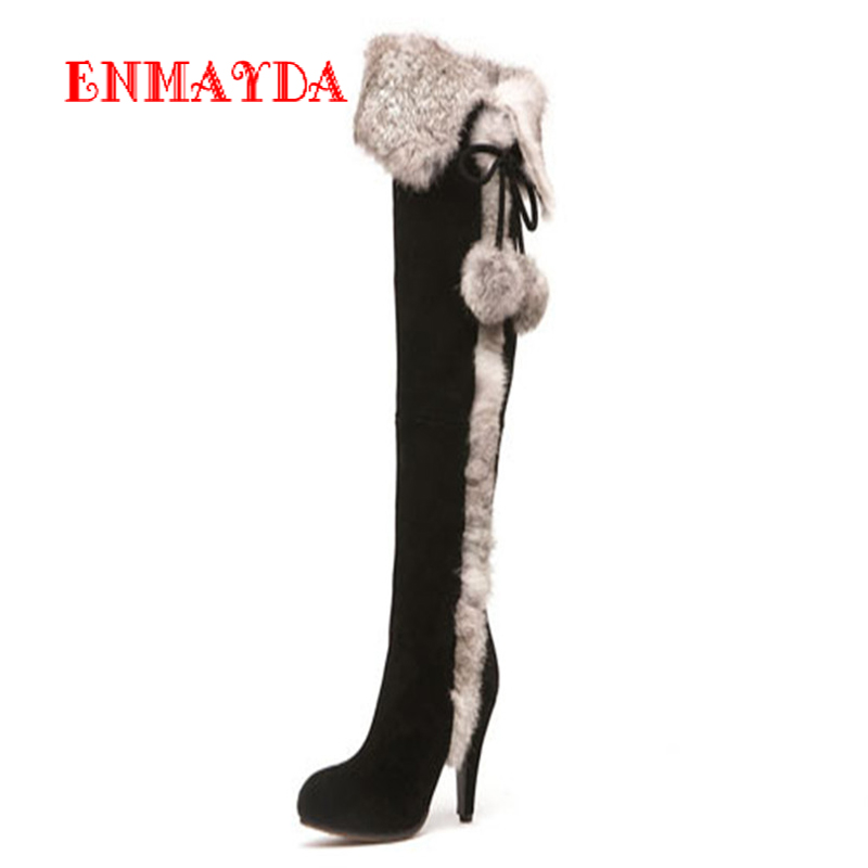 Full Grain Leather + Rabbit High-heeled boots for women Fashion Pointed Toe long Boots snow new Knee-High winter Boots