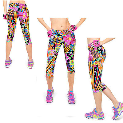Women Floral Print Legging Casual Workout Pant Exercise Gym Capir L XL B58