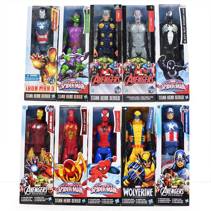 1pcs 30cm Super Heros The Avengers Iron Man Spider Man Captain American Wolverine PVC Toy Action Figure Model With Box