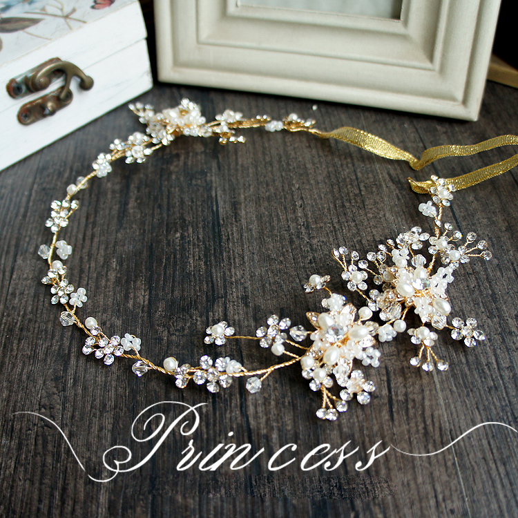 Elegant Handmade Pearls Flower Clear Rhinestones Wedding Hair Vine Headband Bridal Headpiece