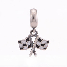 925 sterling silver Chequered flags silver dangle charm with black and white enamel fits Pandora bracelet diy jewelry
