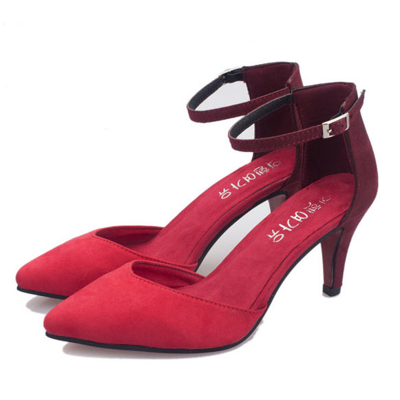 red strappy pointed heels