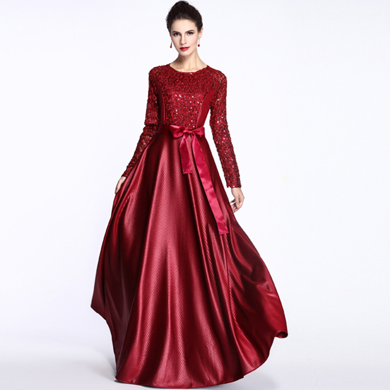Denim Dress 2015 Autumn Winter Brand Runway Dresses Sequined Sequined Full Sleeve A-Line Novelty Floor-Length Belt Mesh Dress