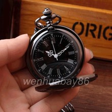Retro Vintage Steampunk Roman Number Black Quartz Pocket Watch FOB Chain Necklace Pendent relogio de bolso Gifts for Friends