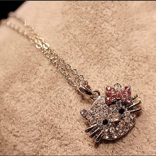Cute Hello Kitty Cat Design Pendant Chain Necklace Charm Clear Rhinestone Fashion Jewelry Necklace Lovely Cute