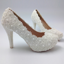 Women Fashion White Flowers Lace Platform High Heels Pearls Wedding Shoes