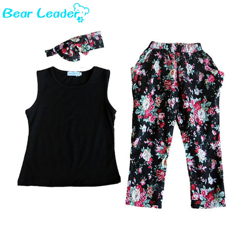 Bear Leader Girls Fashion floral casual suit children clothing set sleeveless outfit headband 2015 summer new