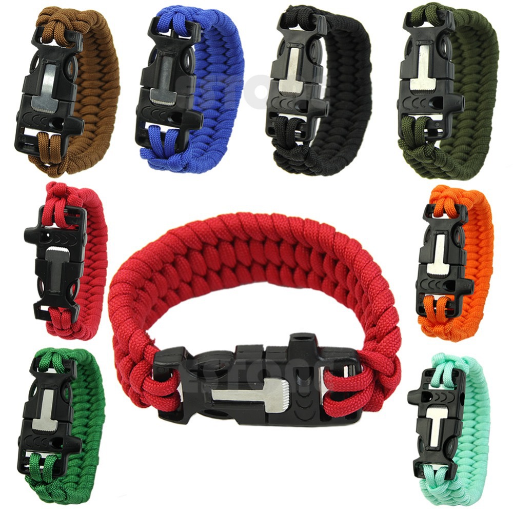 Outdoor Survival Paracord Scraper Bracelet Flint Fire Starter Whistle Gear Kits