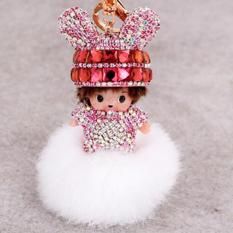 2016-New-Monchichi-rabbit-ears-fur-ball-keychain-Monchhichi-plush-Metal-Key-holder-bag-Car-pendant