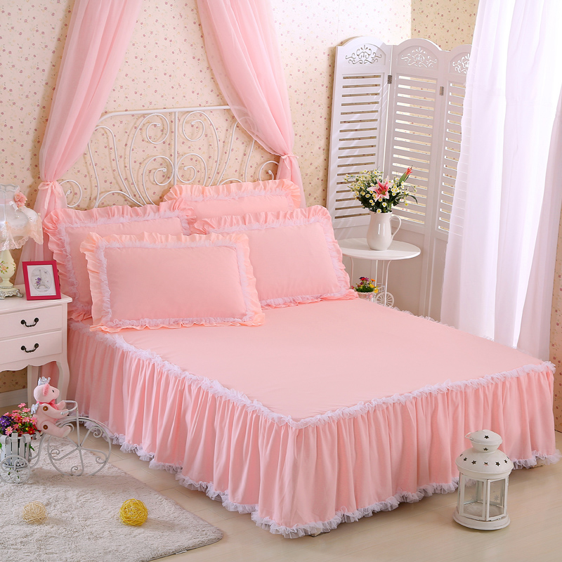 SunnyRain 3-Pieces Solid Color Lacework Korean Bedding Set King Size Queen Bed Set For Girl Bed Sheet With Elastic Pillow Case