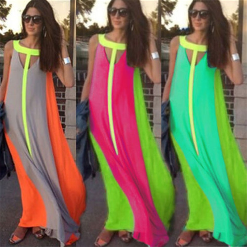 IDress Women Summer 2015 Casual Maxi Summer Dress Long Patchwork Loose Bohemian Beach Vestidos Contrast Color Chiffon Maxi Dress (7)