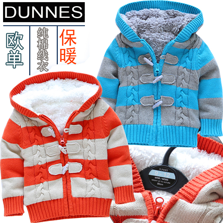 Free shipping New Arrival Baby winter Sweater Boys and Girls Hooded Sweaters cool Stripe Fleece lining Children Sweaters