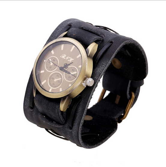 Punk Casual Wide Strap Genuine Leather Mechanical Dial Wristwatches Weave Vintage Bracelet Fashion Jewelry Watches Men