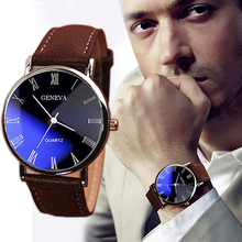 Hombres números romanos Blu-Ray Faux Leather Band cuarzo analógico de negocios WatchPopular producto 4KPE