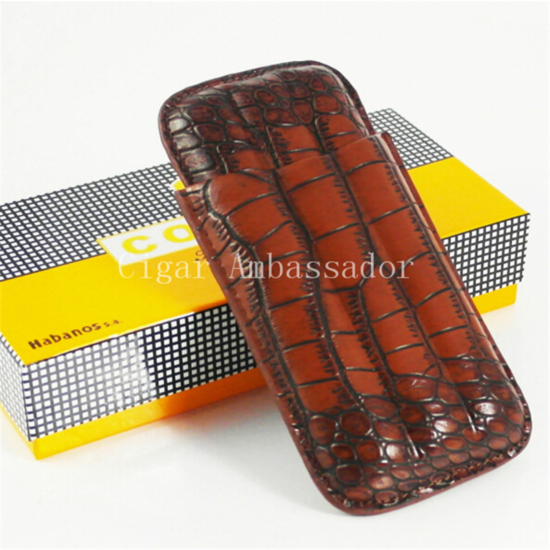 COHIBA Gadgets Portable Brown CROCO Snake Pattern Leather Cigar Case Travel Humidor Holder 3 Tube
