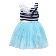 Hot Selling New Baby Girls Lace Round Collar Bowknot Striped Dress Kids Clothes Tutu Tulle