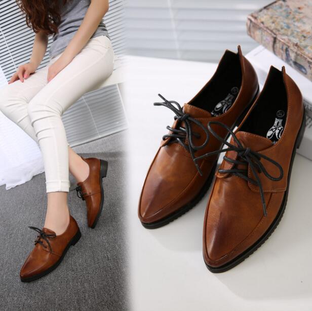 New arrival Preppy style Vintage Women Flats Spring/Autumn Brogue Shoes Female Oxfords shoes Lace-Up Pointed Toe PU leather 2.4