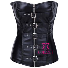 Gothic Clothing Women Female Sexy Lingerie Underwear Front Zipper & Buckle Black Faux Leather Corset Bustier Crop Top Basque