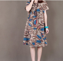 2016 summer large size national wind commoner large printing cotton and linen round neck dress female plus casual loose dress