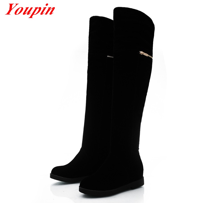 Woman Thick With Long Boots Winter Short Plush Nubuck Leather Low-heeled High Boots Sequined Black Slip-On Thick With Long Boots