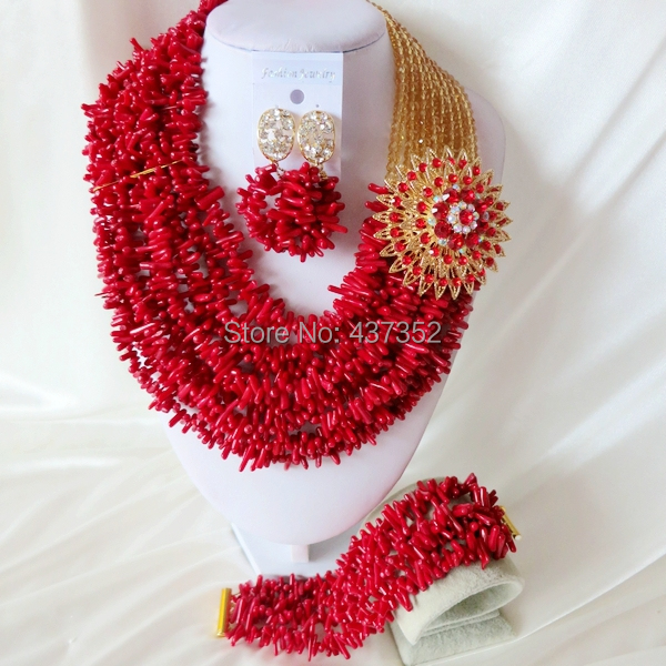 Handmade Nigerian African Wedding Beads Jewelry Set , Champagne Gold Crystal Coral Beads Necklace Bracelet Earrings Set CWS-436