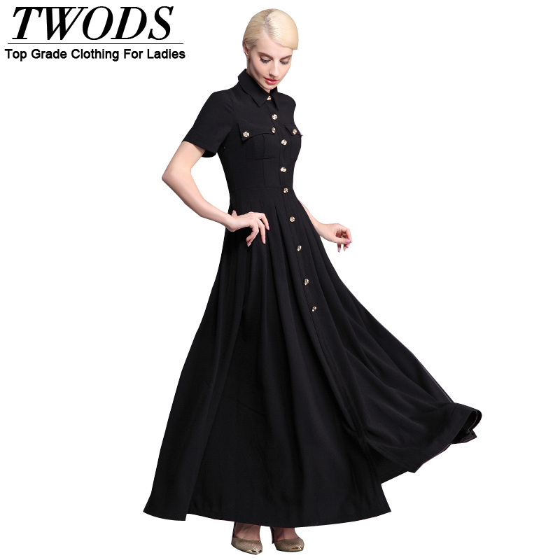 Twods Summer Casual Military Style Single-breasted Women Maxi Long Dress Plus Size Slim Fit Flare Collared Dresses Vestido