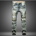 Fashion retro vintage male broken hole distressed beggar denim jeans full length mid waist street wear