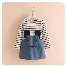 Children’s Clothing Wholesale 2015 Autumn New Girls Stripe Cartoon Dress Girl Kids Denim Dress