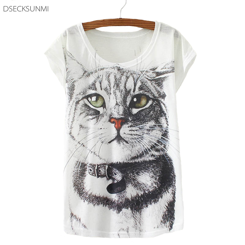 2016 Summer Cotton T Shirt Women Short Sleeve O Neck Tops Animal Print Cat Tees Fashion