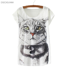 2016 Brand New Polyester T-Shirt Women Short Sleeve t-shirts o-neck Causal loose Black white cat t shirt Summer tops for women