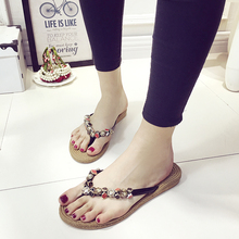 Women slip On shoes 2016 New Summer Skid Flat sandals Leisure Fashion Female Pearl Set Auger Beach Slipper Shoes For