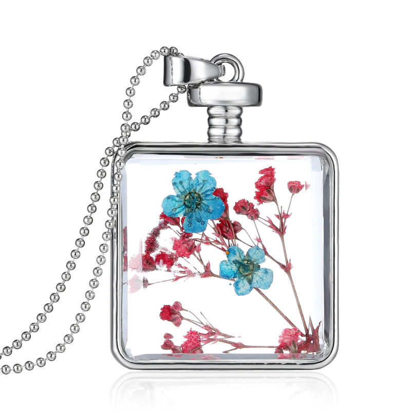 Silver Plated Square Shape Glass Bottle Mini Dried Flower Pendant Necklaces of Women Wholesale Jewelry Flower Necklace N024 23\'\' N02401