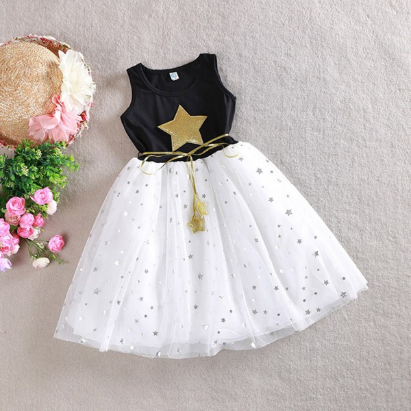 Children Kid Girls One Piece Dress Stars Sequins Tulle Bow Dress Tutu Dress
