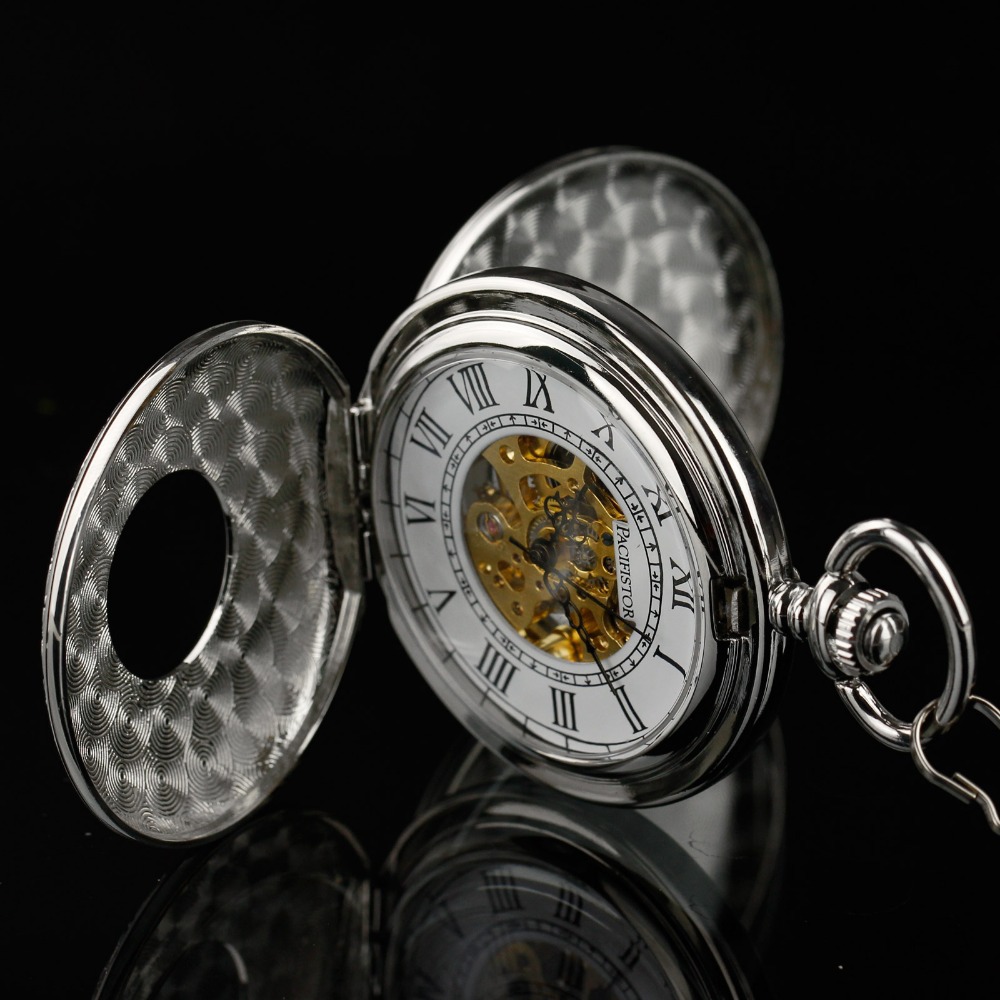 PACIFISTOR Pocket Watch Antique Mechanical Skeleton Dress Pocket Watch Necklace Pendant Chain Gift Silver Relogio 2015
