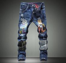 Blue punk metal rivet straight mens biker jeans men little feet pants famous brand trousers patch high quality european style