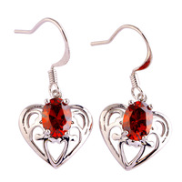 lingmei Wholesale Fsshion Heart Design Oval Cut Garnet 925 Dangle Hook Silver Earrings Jewelry Women Wedding Party Free Shipping