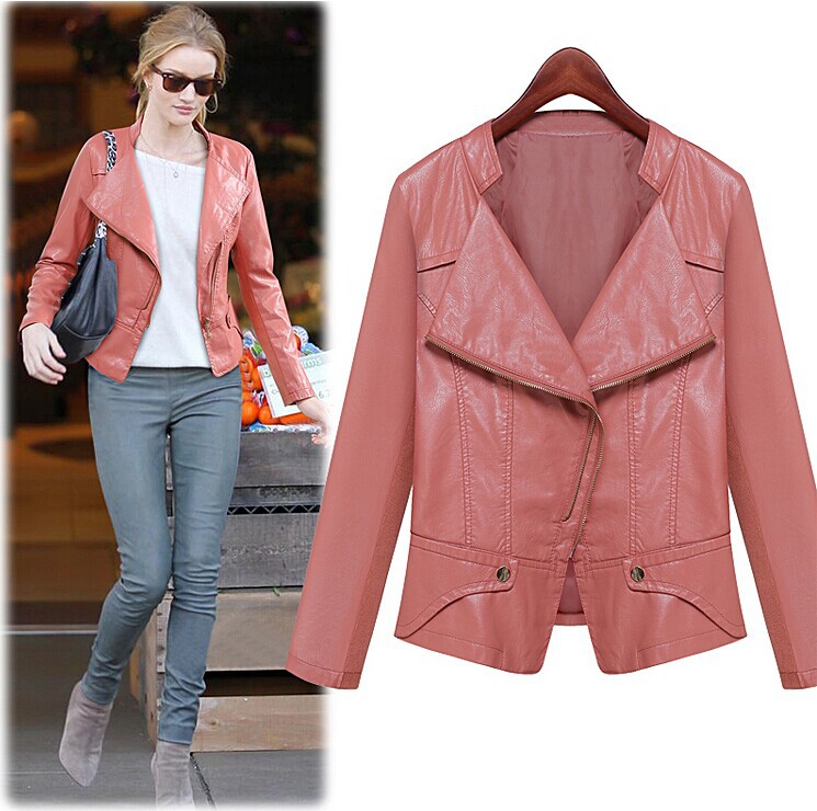 2014 New Plus Size Women's Motorcycle PU Jacket Pink Faux Leather