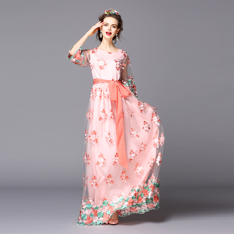 Long Party Dresses Floor Length Luxury Women Stunning Elegant Floral Embroidery Mesh Gauze Maxi Dress Red/Pink vestido de festa