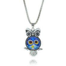 fashion Owl pendant necklace newest glass cabochon necklace in jewelry vintage sterling silver statement chain necklace