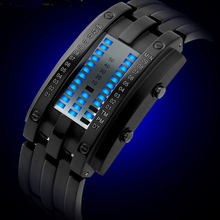 Deluxe Luxury Waterproof LED Electronic Men Women Stainless Steel Wristwatches Blue Binary led Displayer Luminous Sports