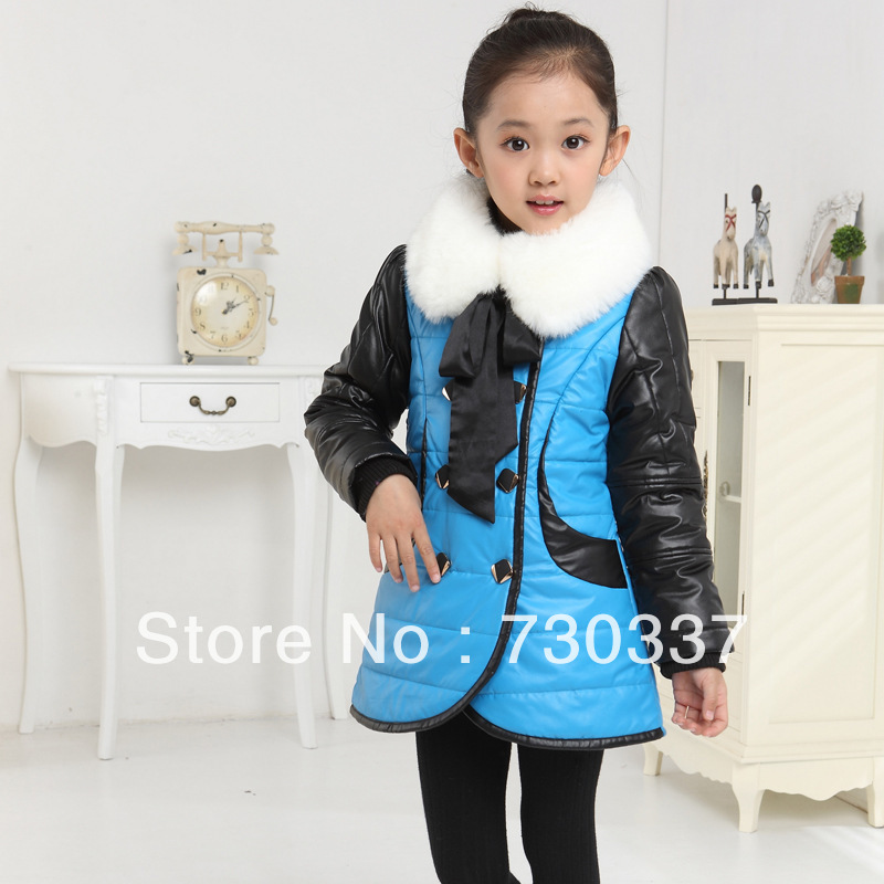 Free shipping New arrival winter girl double-breasted PU leather collars cotton-padded outerwear girl coat children clothes