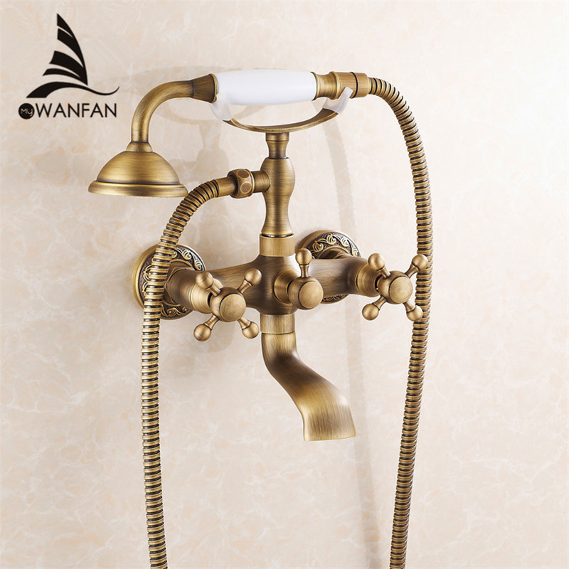 New arrival Rain Shower Faucets with ceramic Mixer Tap Antique Brass Bath Shower Faucet Set bathtub faucet 6761AF Free shipping