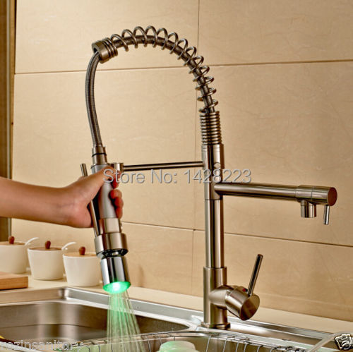 Brushed Nickel LED Color Changing Kitchen Faucet Hot and Cold Single Handle Kitchen Mixer Taps