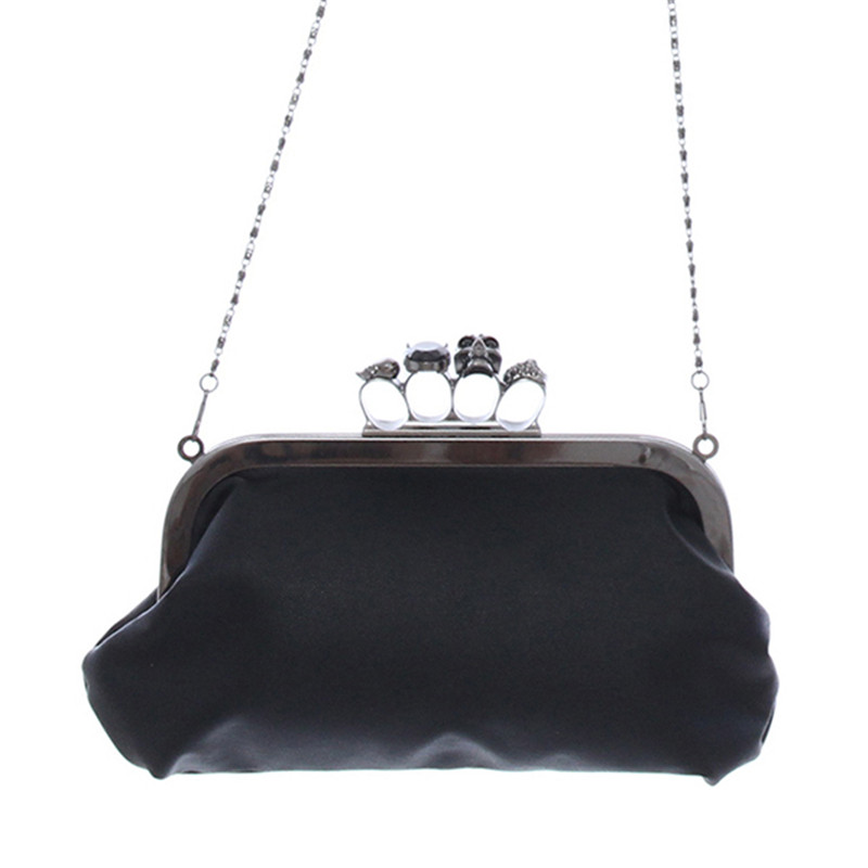 New Women Skeleton Skull Finger Clutch Evening Handbags PU Leather Knuckle Rings Chain One shoulder Bag
