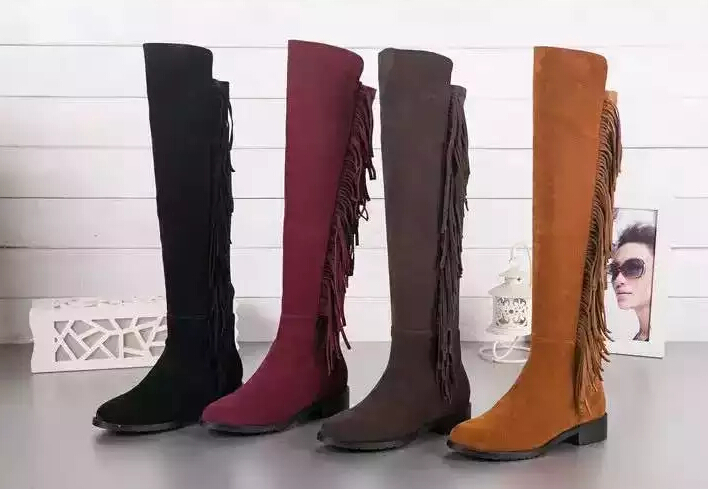 Hot autumn winter women genuine leather Suede Leather Flats Women Boots Knee Thigh High Boots Tassel  Autumn Boots Shoes Woman