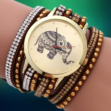 New 2015 Fashion Quartz Wristwatches DIY Korea Cashmere Women Rhinestone Watch Elephant Pattern Gold Plated Bracelets