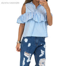 2016 new fashion sexy off shoulder blouse ruffle striped plaid shirt female women summer tops blusas