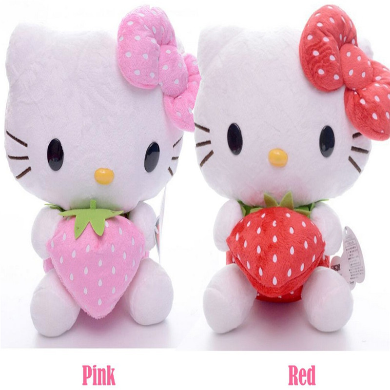 Adorable Bowtie Kitty Red Pink Strawberry Hello Kitty Cat Plush Fruit Home Car Decors Girls Toy